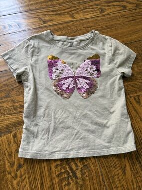 H&M Girls' Sage Green Tee with Pink Sequin Butterfly